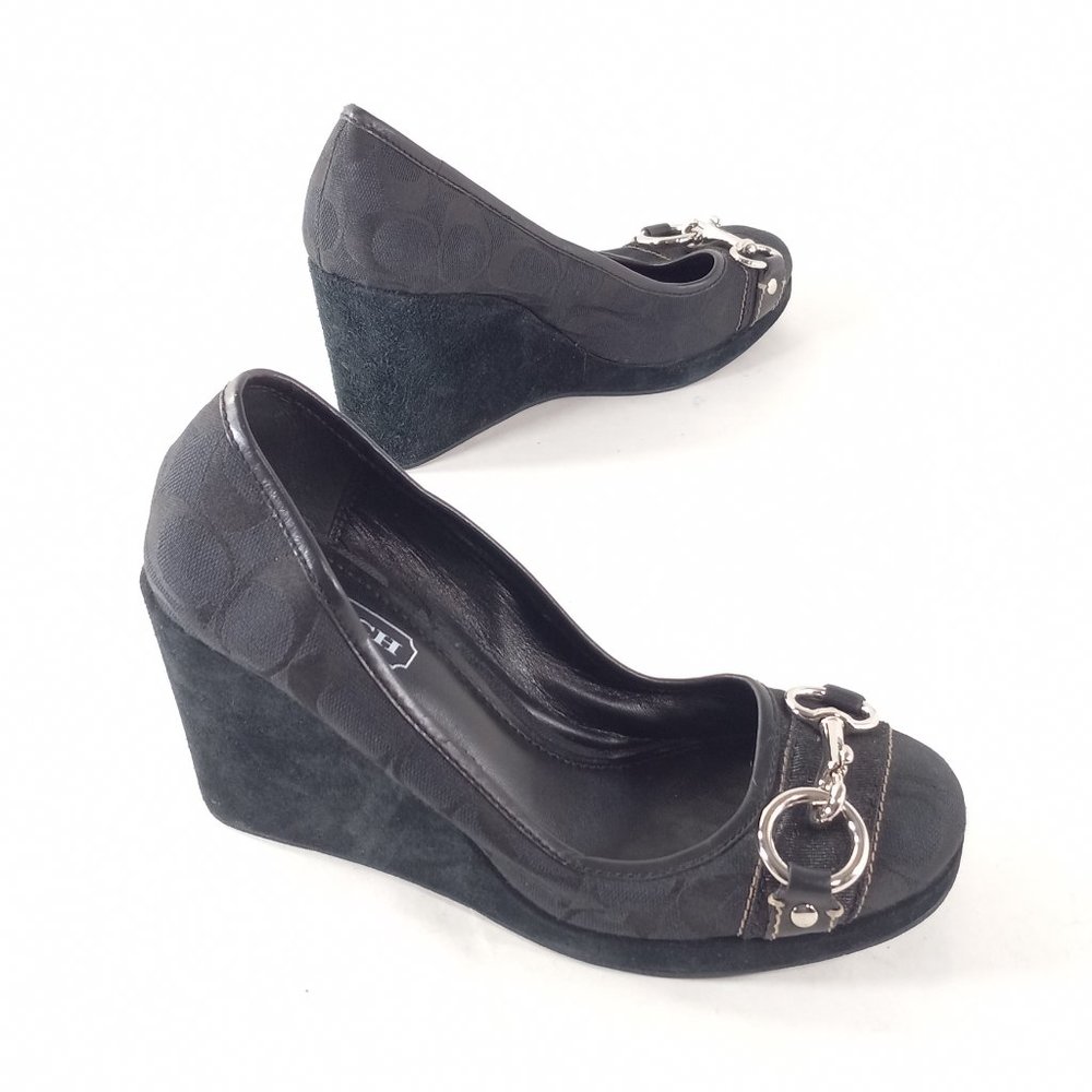Coach Izzy Platform Suede Wedge Shoes Wm 7.5M Black Horsebit Round Close Toe